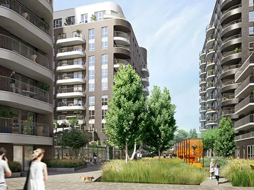 3D rendering of modern apartment complex with people walking and children on a playground