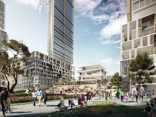 Rendering of Stephenson Street with lots of people
